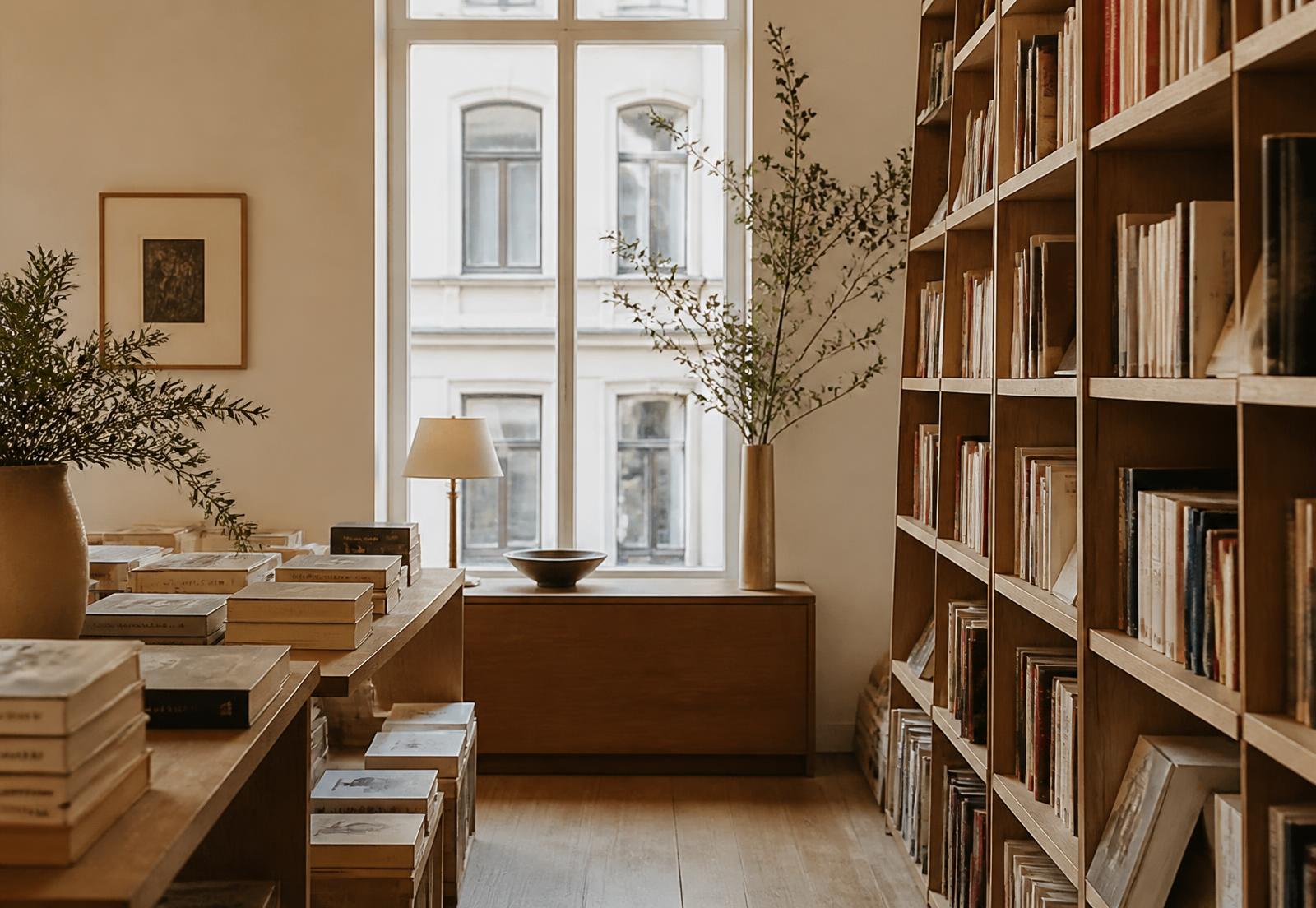 Interior of an independent bookshop with oak shelves and soft daylight